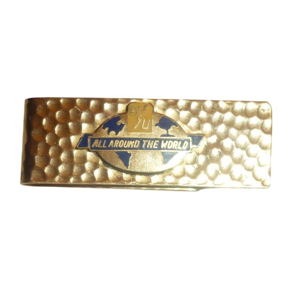 Vintage All Around The World Money Clip Gold Tone Hammered Metal Globe Travel